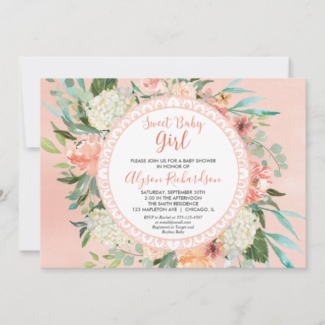 Baby shower invitation girl peaches cream greenery (Front)