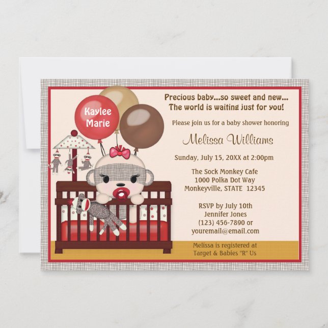 Baby Shower invitation GIRL Sock MONKEY Crib SMC-G (Front)