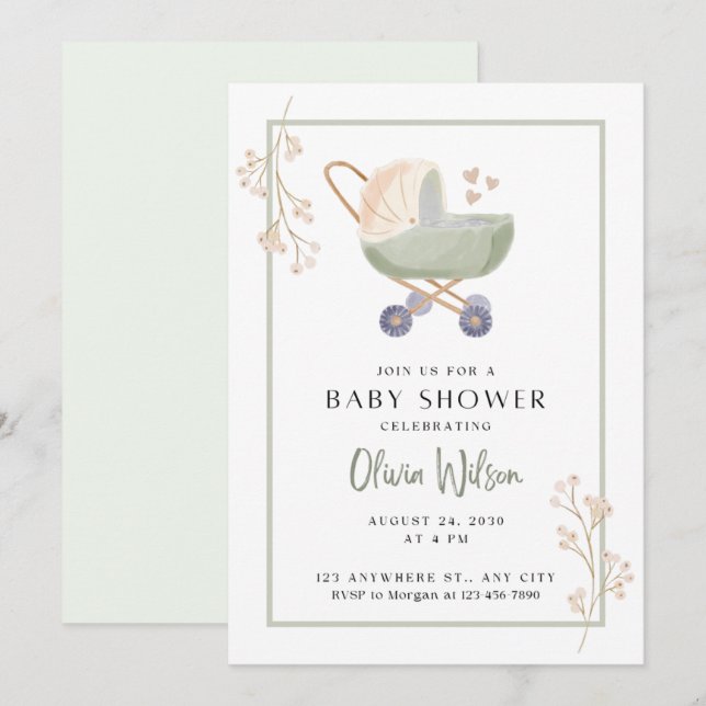 baby shower invitation green flowers pram (Front/Back)