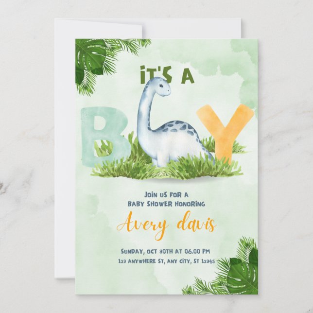 baby shower invitation, it's aboy, cute dinosaur, holiday card (Front)