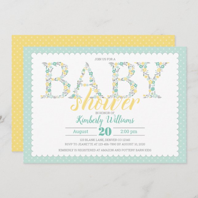 baby shower invitation jaune vert neutre pour les  (Devant / Derrière)