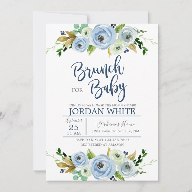 Baby shower invitation je vais, blue floral (Devant)
