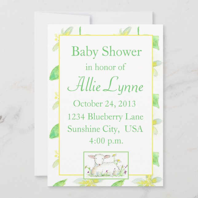 Baby Shower Invitation Lamb Sheep Yellow Flowers (Front)