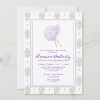 Baby Shower Invitation Lavender with Bonnet