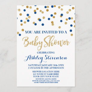 Baby shower Invitation Marine Blue Gold Confetti