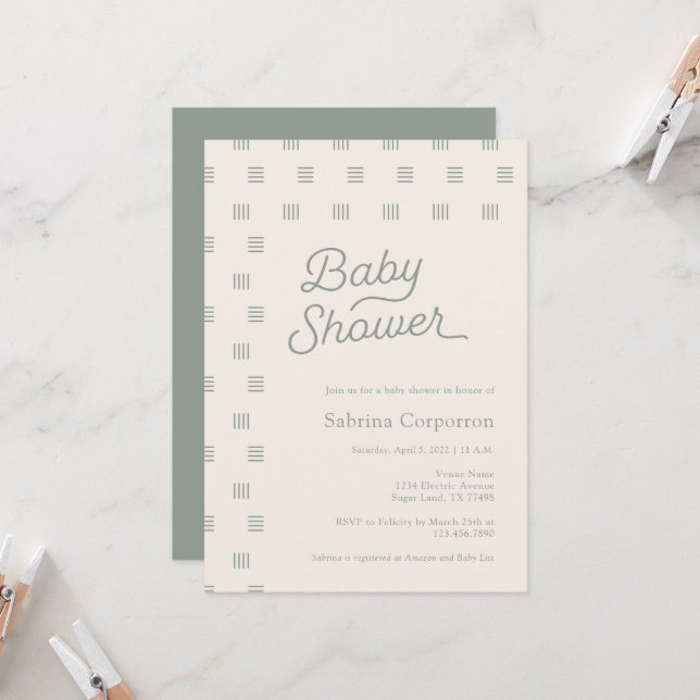 Baby shower | Invitation minimaliste Sage Boho (Devant/Arrière en situation)