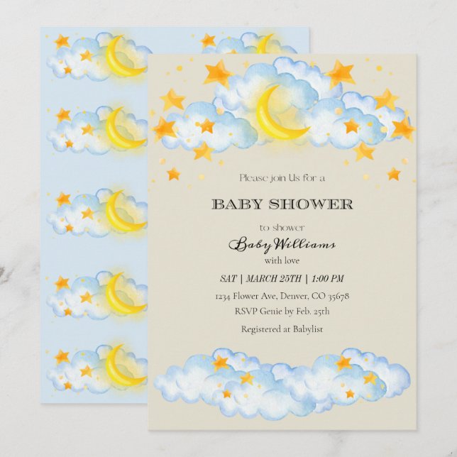 Baby Shower Invitation Moon and Stars Theme (Front/Back)