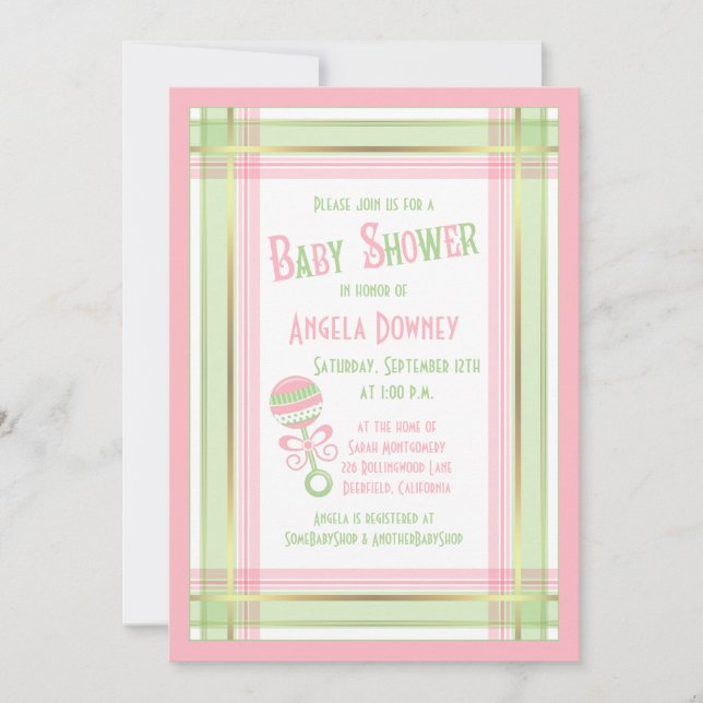Baby Shower Invitation Pink Green Plaid Rattle (Front)