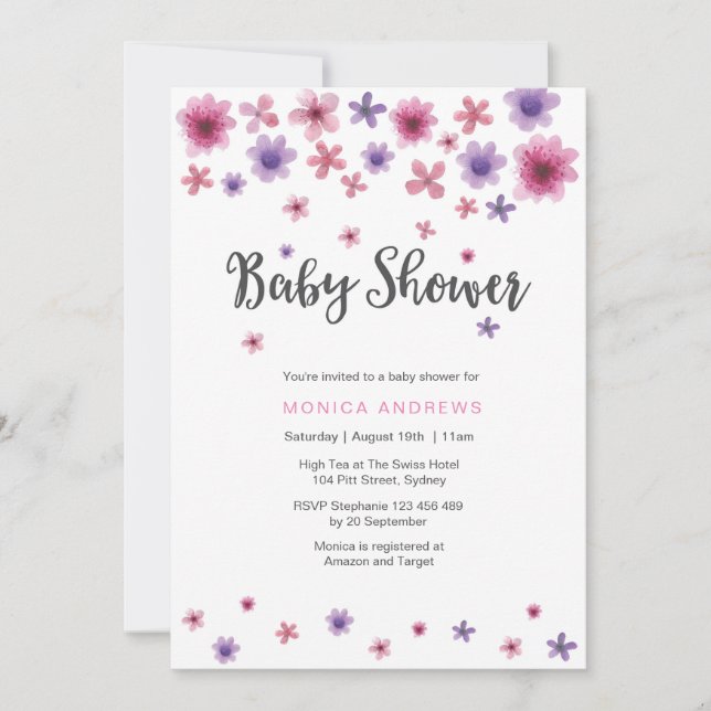Baby Shower invitation | Pink watercolor florals (Front)