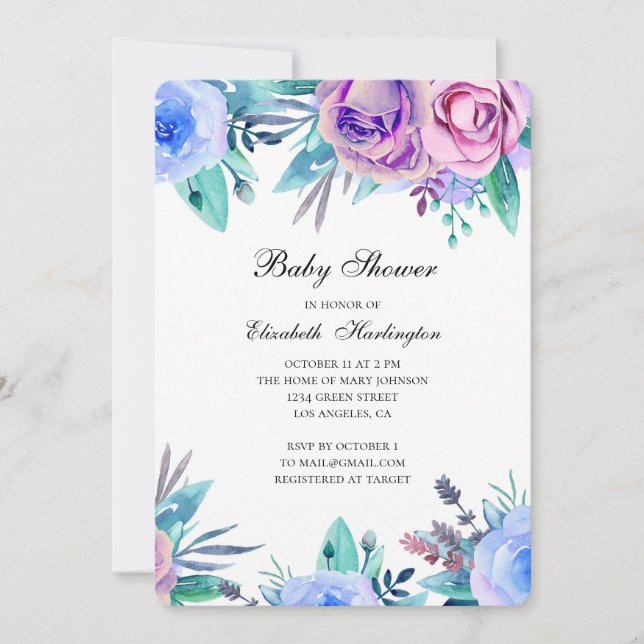 Baby shower invitation. Purple and blue flowers Invitation (Front)