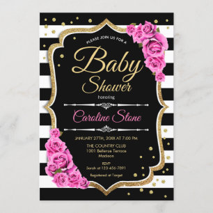 Baby shower Invitation Rose noir blanc rayures