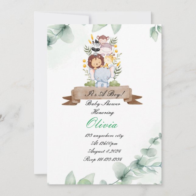 BABY SHOWER INVITATION SAFARI ANIMALS CARD (Front)