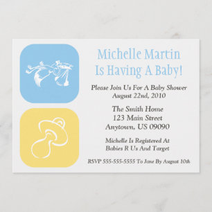 Baby Shower Invitation Stork/Pacifier Blue/Yellow