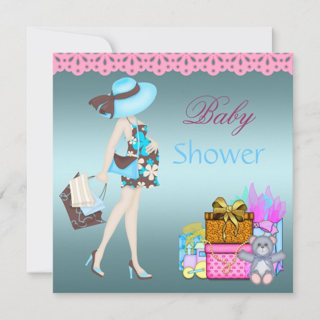 Baby Shower Invitation Teal Blue Pink Gifts Bear (Front)