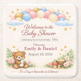 Baby Shower Invitation | Teddy Bear | Woodland Pas Square Paper Coaster