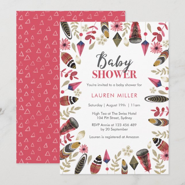 Baby Shower invitation | Tribal boho feathers (Front/Back)