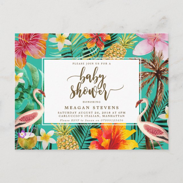 Baby Shower invitation tropical flamingo Postcard (Front)