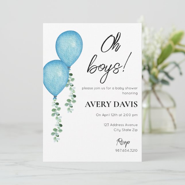Baby Shower Invitation Twin Boys Blue Balloons (Standing Front)