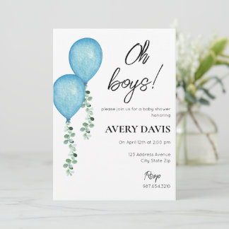 Baby Shower Invitation Twin Boys Blue Balloons