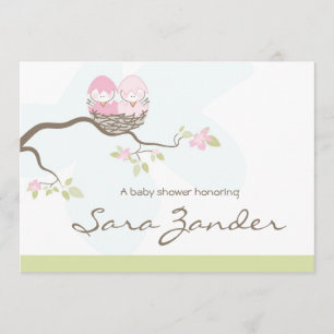 Baby Shower Invitation - Twin Pink Baby Birds