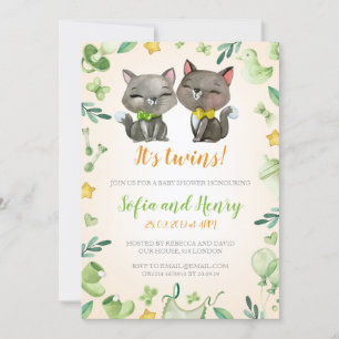 Baby shower Invitation Twins  Neutre  Chats mignon