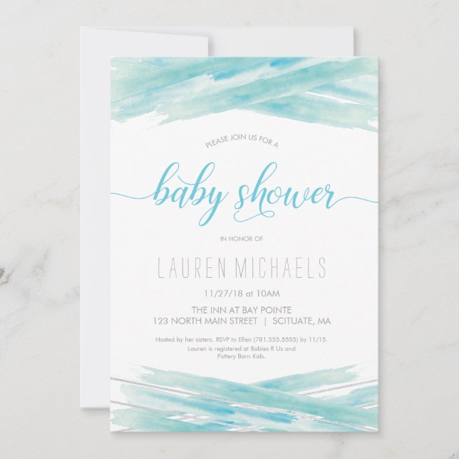 Baby Shower Invitation - Watercolor, Blue, Silver (Front)
