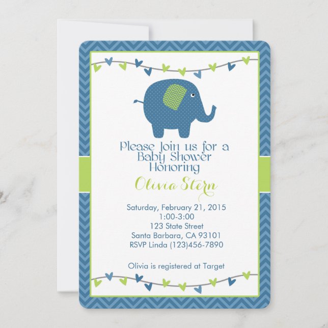 Baby Shower Invitation with Elephant in Blue (Front)