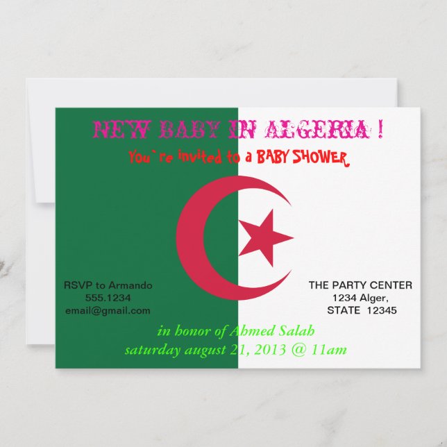 Baby Shower Invitation with Flag of Algeria (Front)