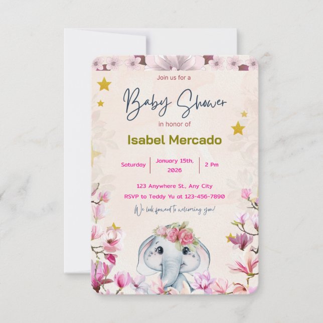 Baby Shower Invitation with Floral Elephant. (Front)
