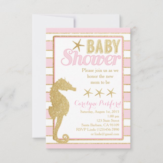 Baby Shower Invitation with Gold Seahorse (Front)