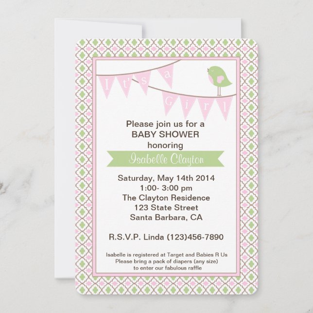 Baby Shower Invitation with Pink Bunting Banner (Front)