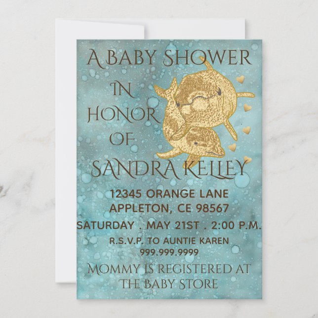 Baby Shower Invitations "Gold Dolphins/Mom & Baby" (Front)