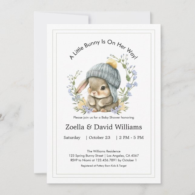 Baby Shower Invitations Watercolor Simple Bunny (Devant)