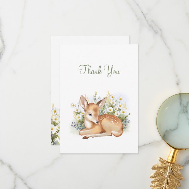 Baby shower invitations with an adorable  fawn. (Devant/Arrière en situation)