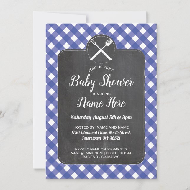 Baby Shower Invite Blue Gingham Chalk BBQ Style (Front)