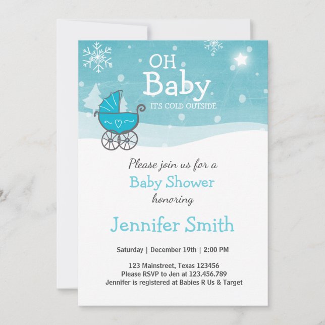 Baby Shower invite Boy Winter cold outside Blue (Front)