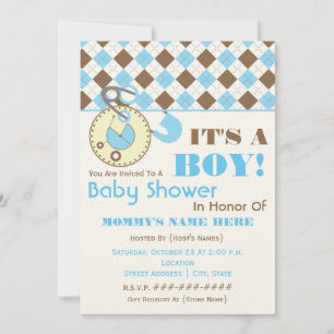 Baby Shower Invite -Diaper Pin Blue & Brown Argyle