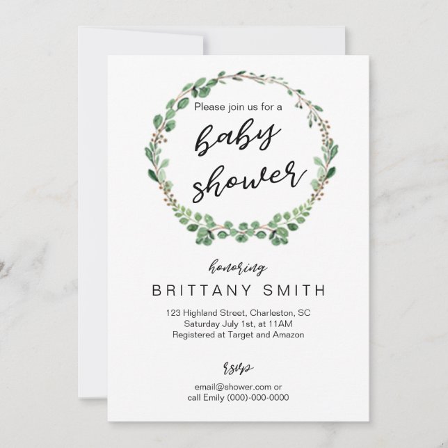Baby Shower Invite Greenery Wreath (Front)