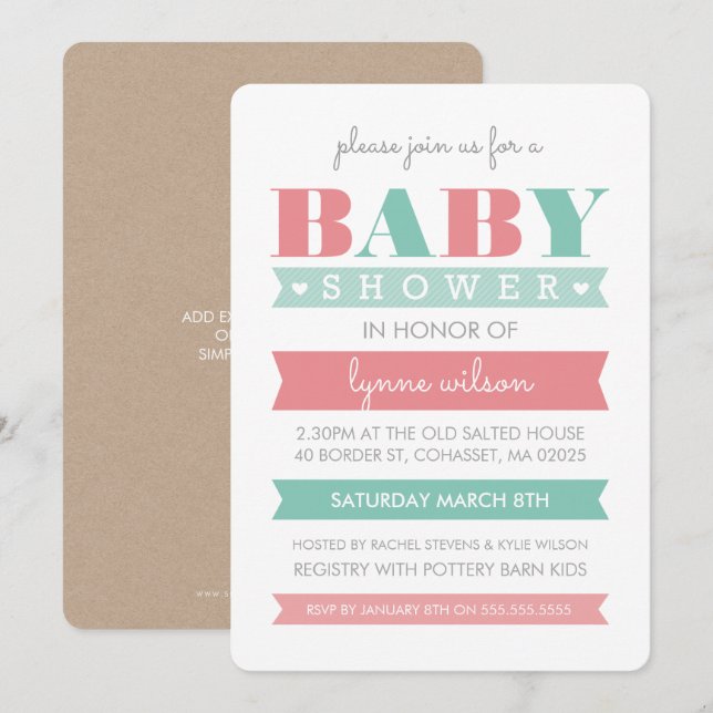 BABY SHOWER INVITE modern gender reveal coral mint (Front/Back)