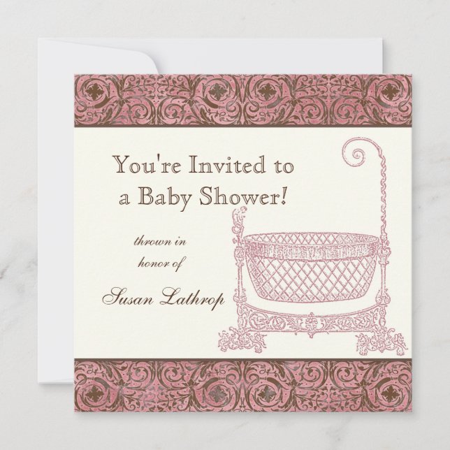 Baby Shower Invite - Pink Brown Damask Cradle (Front)