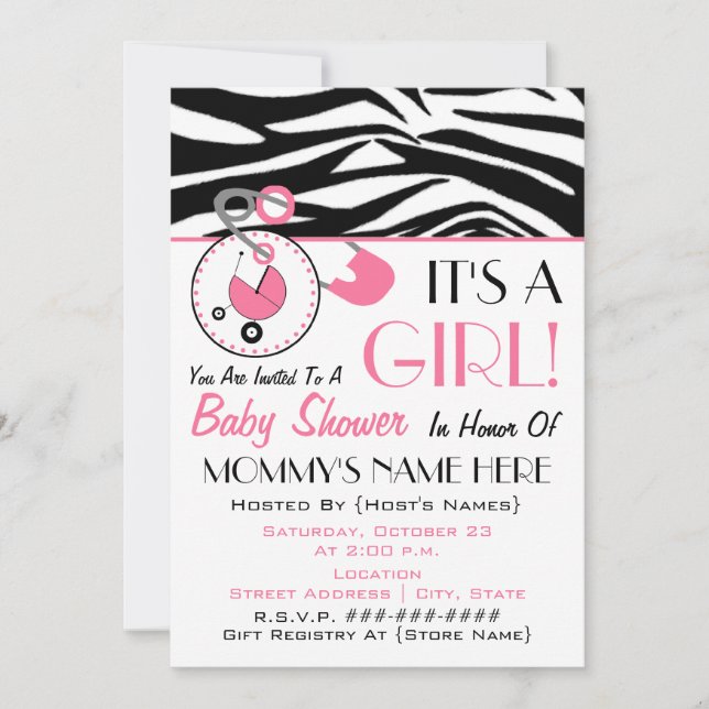 Baby Shower Invite - Pink Diaper Pin & Zebra Print (Front)