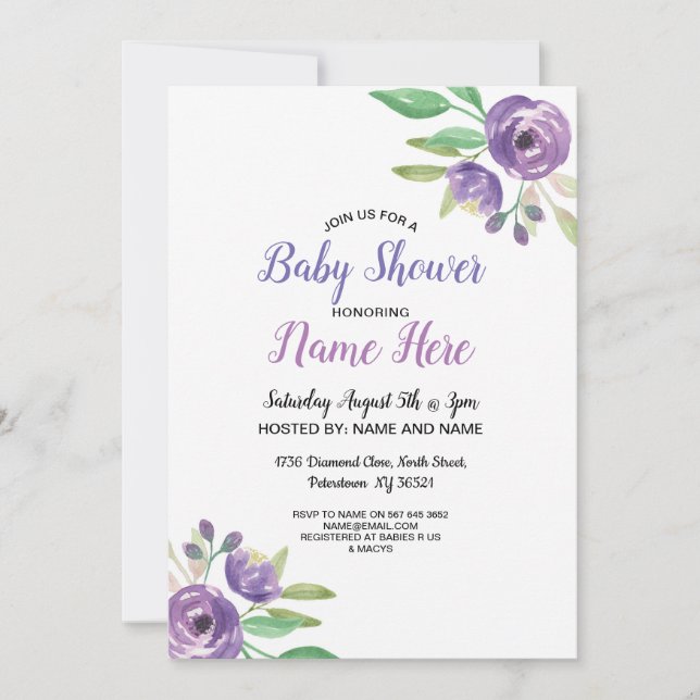 Baby Shower Invite Purple Flower Floral Lilac (Front)