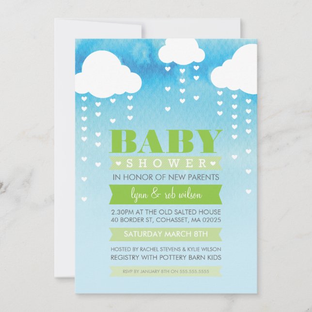 BABY SHOWER INVITE raining hearts watercolor green (Front)