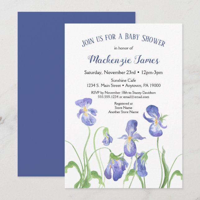 Baby shower Iris violet Invitation Printemps Flora (Devant / Derrière)