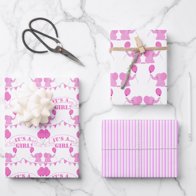 Baby Shower It’s A Girl Pink Elephant Wrapping Paper Sheet (Front)