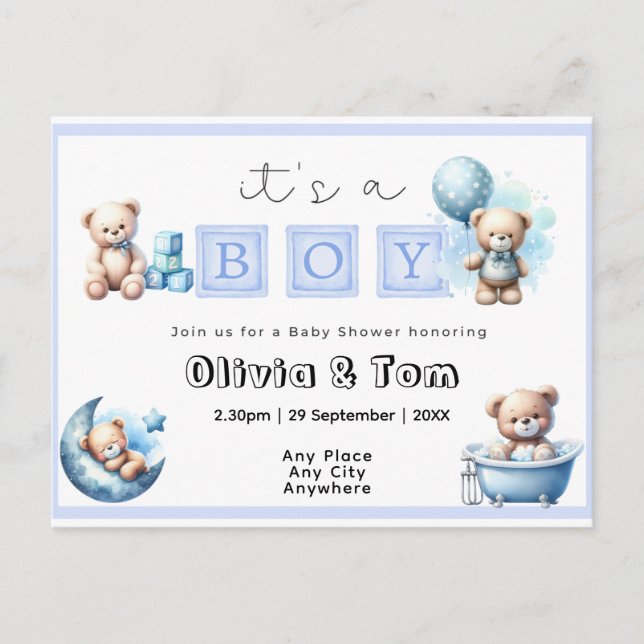 Baby Shower - It's a Boy! Teddy Bears. Editable Postcard (Front)