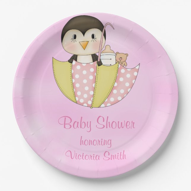 Baby Shower It's a Girl Penguin Paper Plate (Front)