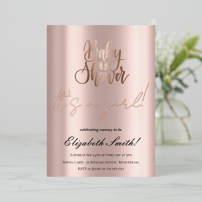 Baby Shower - It's a Girl, Rose Gold Foil Invitati (Standing Front)