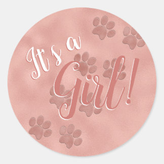 Baby Shower It's a Girl Rose Gold Paw Prints Favou Classic Round Sticker