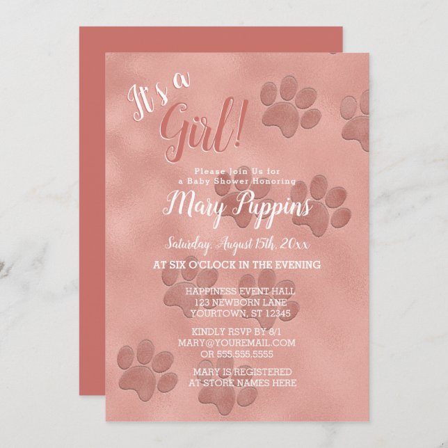 Baby Shower It's a Girl Rose Gold Paw Prints Invitation (Front/Back)